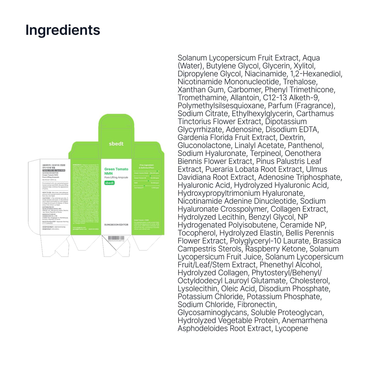 SUNGBOON EDITOR Green Tomato NMN Pore Minimizing Ampoule, Firming Pore Minimizer Serum with NMN, Niacinamide & Green Tomato Extract, Lightweight Korean Skincare for Sensitive Skin, 1.35 Fl Oz