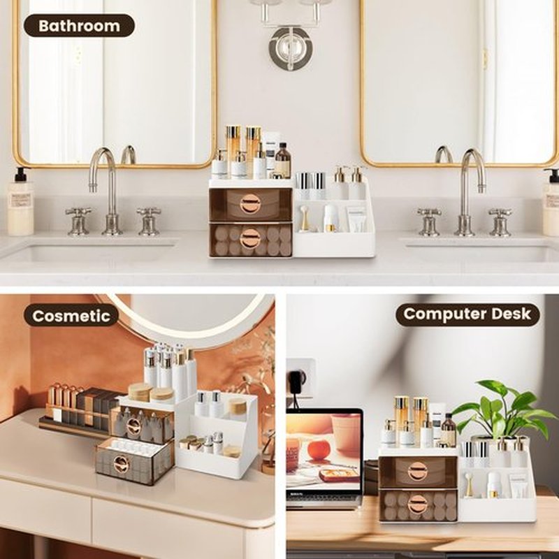 Makeup Organizer with Clear Drawers,Plastic Skincare Organizers for Vanity,Large Capacity Makeup Organizer Countertop for Cosmetics, Skincare,Office Stationery (Brown Drawer)