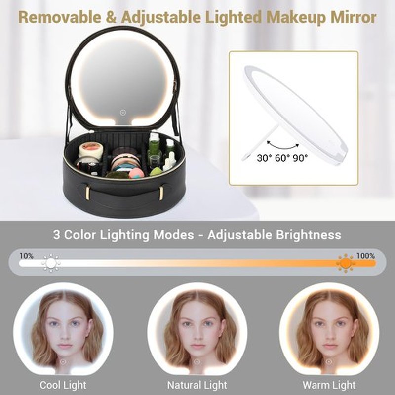 Aiborke Travel Makeup Bag with Led Mirror Makeup Case with Lighted Mirror Cosmetic Organizer bag with Adjustable Dividers and 10x Magnifying Mirror (Black-round)