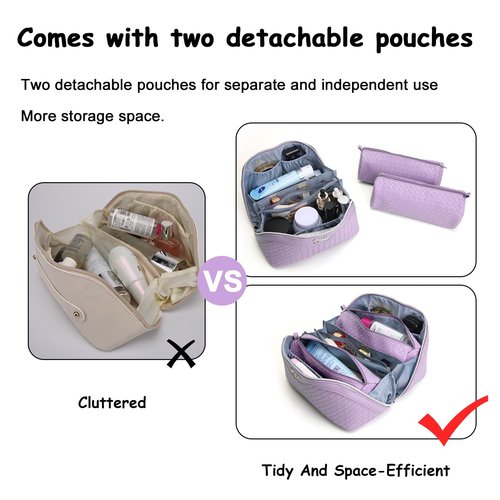 Travel Makeup Bags Cosmetic Organizer Bag: Large Capacity Make up Bag Set of 3 - Vegan Leather Toiletry Bag for Women - Portable Makeup Organizer with Compartments & Handle & Divider (02 Purple)