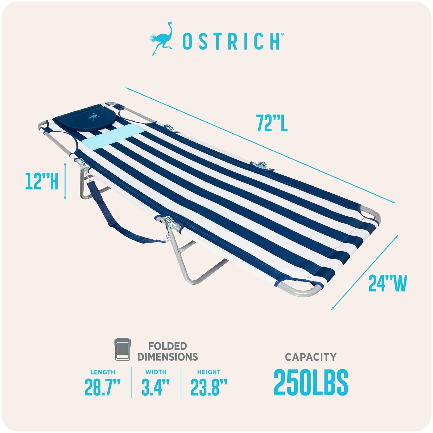 Ostrich the Ladies Comfort Lounger with Chest Support, Foldable & Portable Reclining Outdoor Patio Beach Lawn Camping Pool Tanning Chair, Blue Stripe