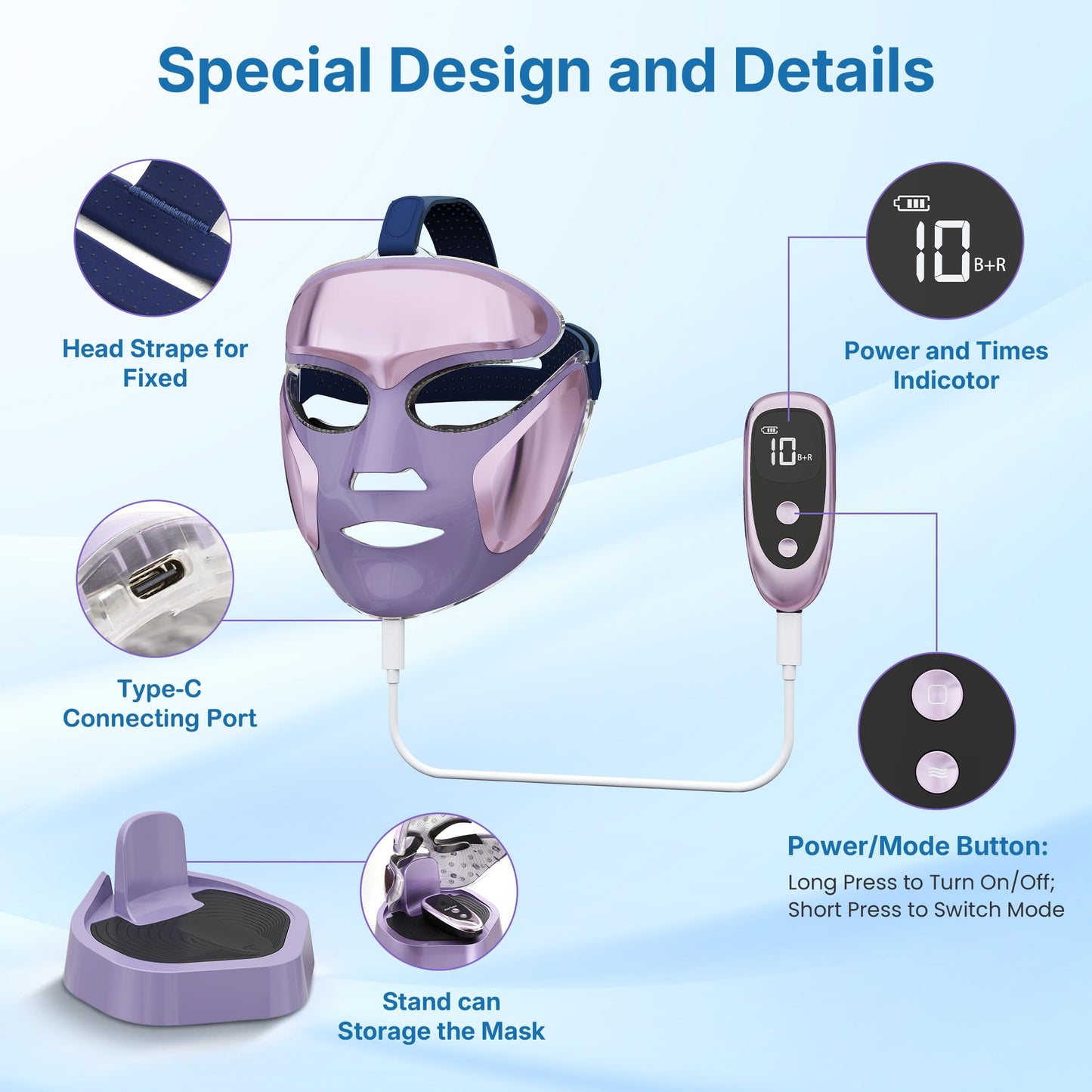 SUNVIVIPRO LED Face Mask Red Light Therapy for Face, Blue Light Acne Care, 210 LED Facial Mask with Eye Heat, Electric Face Mask with Holding Stand for Home Skincare, Purple Beauty Device