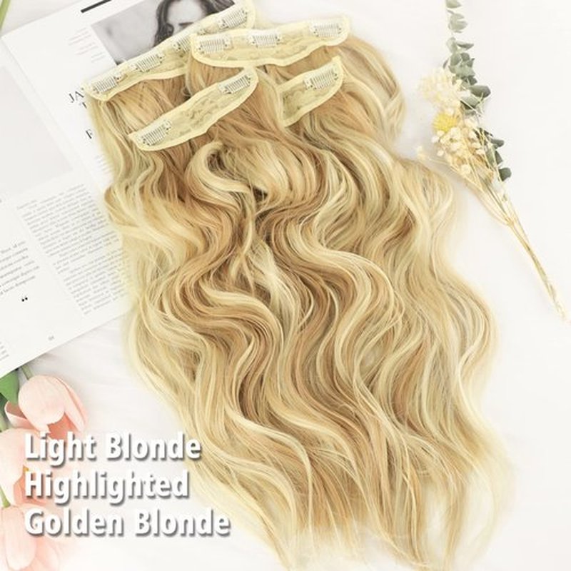 QGZ Clip in Long Wavy Hair Extensions Synthetic 4 PCS Thick Hairpieces for Women 20 Inch Long Fiber Hair Extension for Daily Party Use (Light Blonde Highlighted Orangey Blonde)