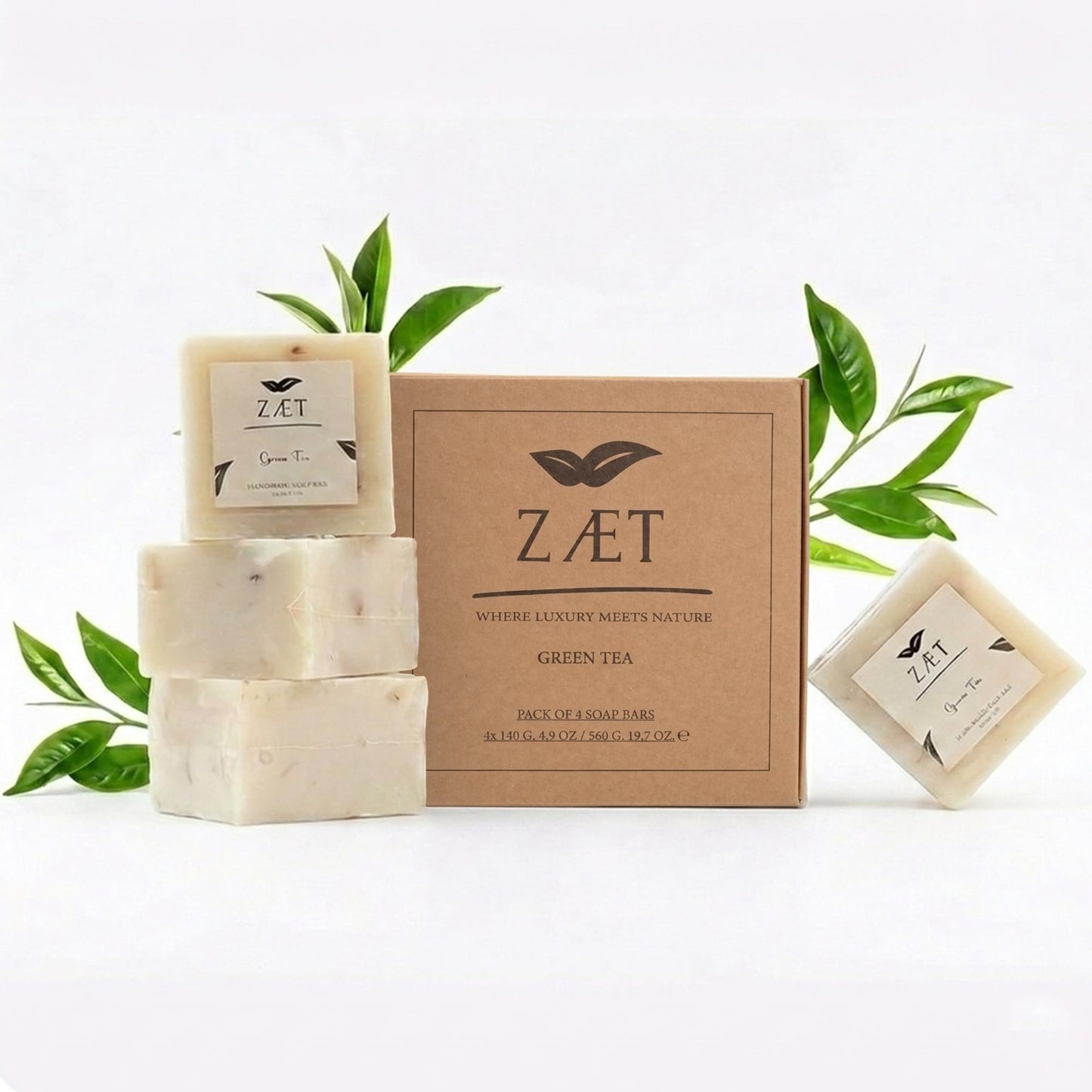 ZÆT Green Tea Soap Bar, 4 Pack Natural Handmade Bar Soap with Olive, Almond & Coconut Oil, Moisturizing Soap Bar for Hands & Body, Gentle Non Toxic Bath Soap for All Skin Types, 140g Each