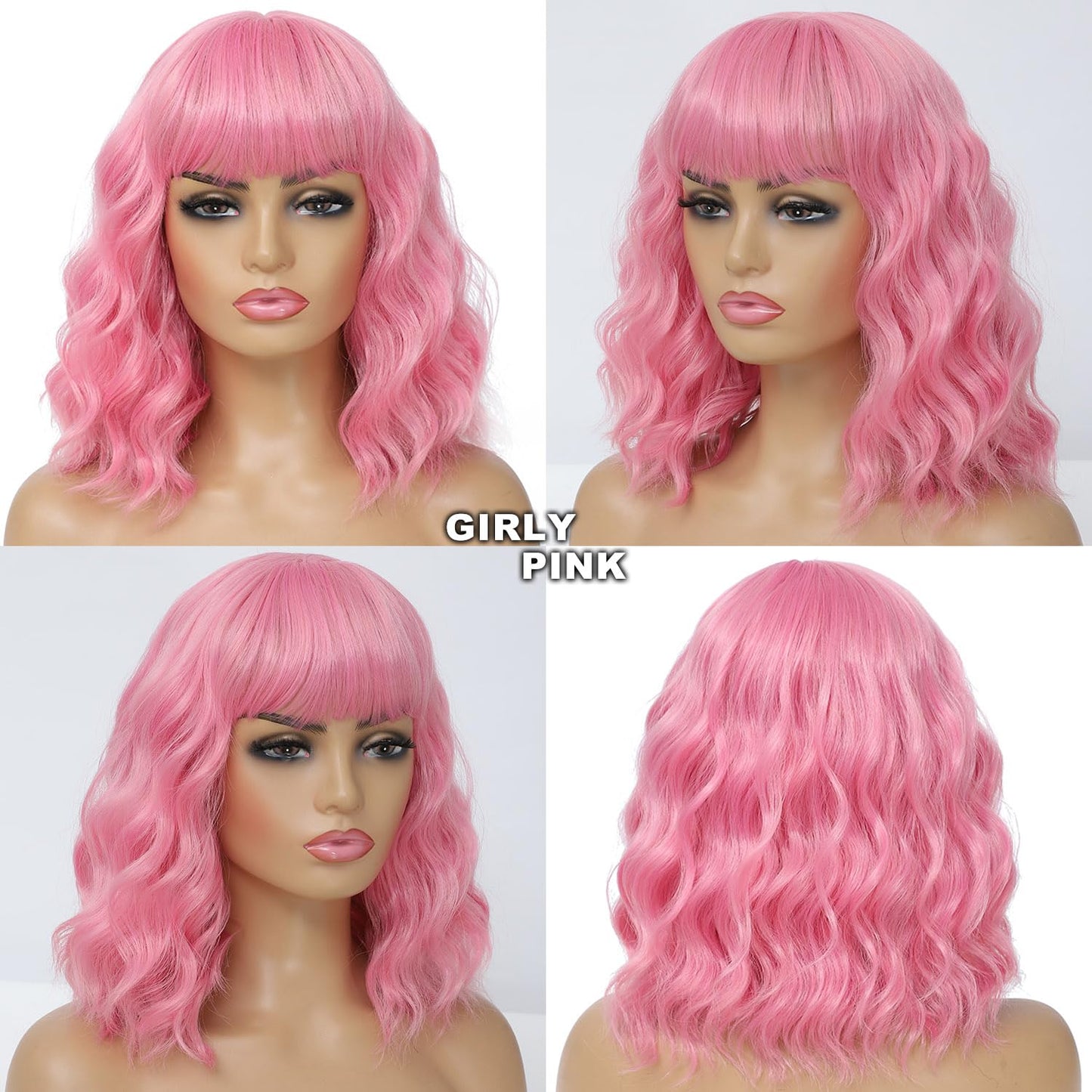 Amarlis Pink Curly Bob Wig with Bangs for Women, Natural Wavy Heat Resistant Synthetic Wig for Cosplay Daily Party Use