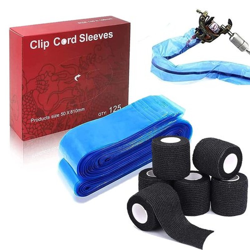 SOTICA 125PCS Tattoo Clip Cord Covers with 6PCS Tattoo Grip Tape - Tattoo Clip Cord Bgas Clip Cord Sleeves with Black Tattoo Grip Wrap Grip Cover Adhesive Tape for Tattoo Supplies
