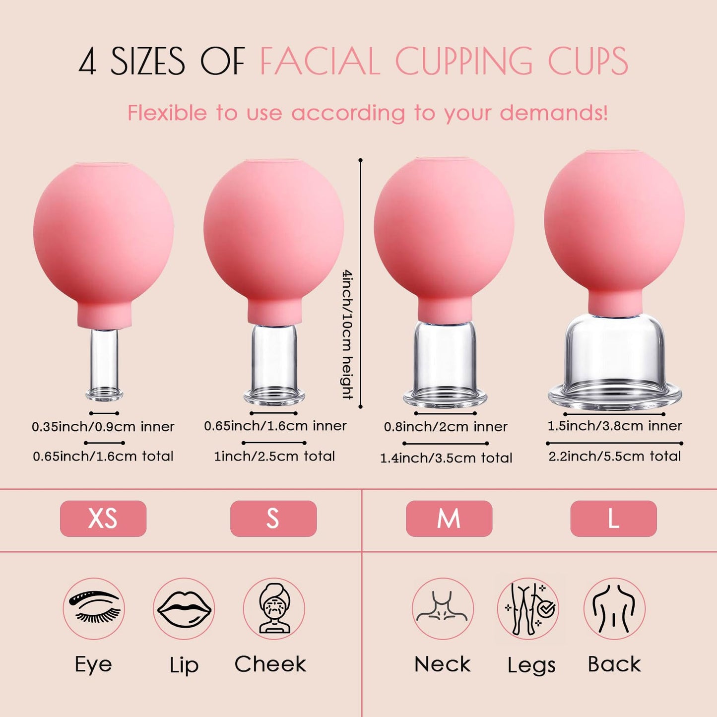 okmaba 4PCS Glass Facial Cupping Set, Anti Aging Face Cupping Cups for Face & Neck Lift, Glowing Skin - Rejuvenation, Lymphatic Drainage, Facial Vacuum Suction Cups (Pink)