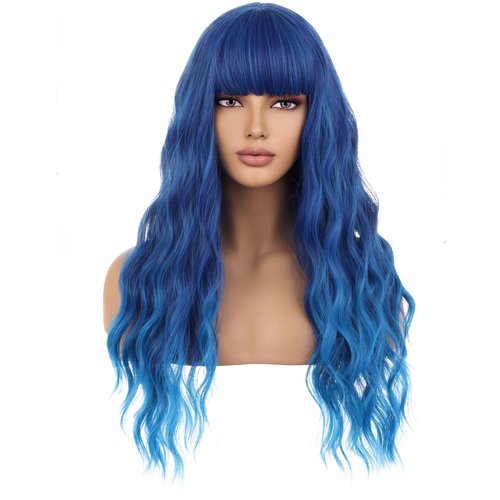 WTHCOS Blue Wig for Women Long Curly Wavy Blue Wig With Bangs Mixed Blue Wig Heat Resistant Synthetic Wig with Wig Cap (Mix Blue)
