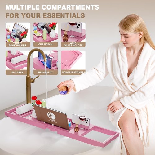 Yirilan Foldable Bathtub Caddy, Expandable Bath Caddy Tray, Unique House Warming Gifts, New Home, Anniversary and Wedding Gifts for Couple, Pink