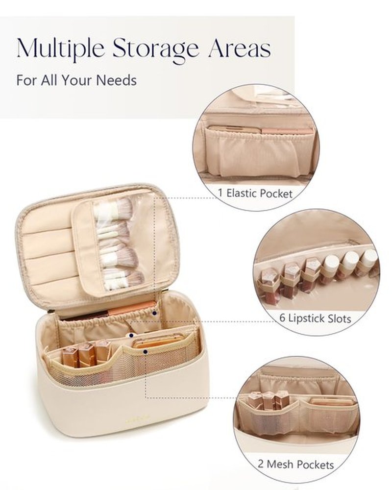 Prite Makeup Bag, Large Capacity Portable Travel Cosmetic Bag, Waterproof Makeup Organizer for Women with Handle and Divider(Beige)