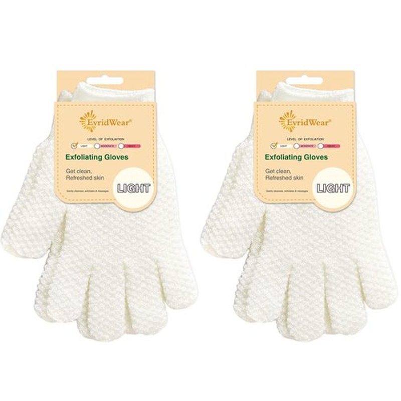 Evridwear Exfoliating Gloves for Shower, 100% Nylon Thick Soft Medium Heavy Bathing Gloves Dead Skin Remover Body Scrubber Smooth Skin with Hang Loop, 2 Pairs Light White