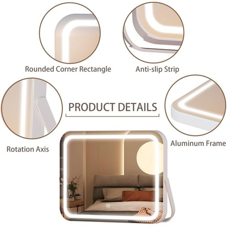 Hasipu Vanity Mirror with Lights, 14" x 10" LED Makeup Mirror, 3 Modes Light, Smart Touch Control Dimmable, 360°Rotation, Rectangle White Frame, with 5X Magnifying Glass