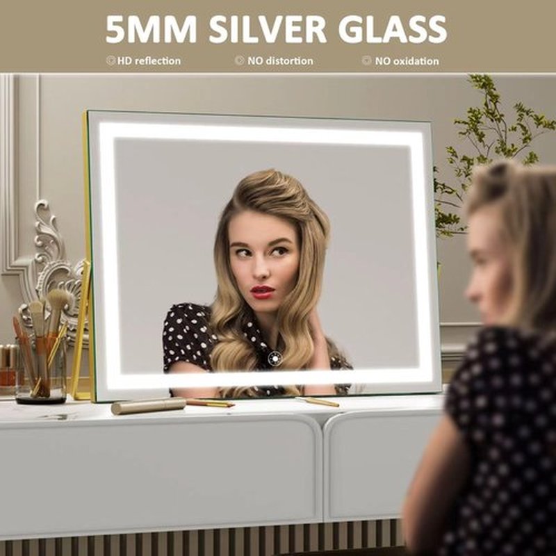 Gvnkvn Ligheted Vanity Mirror with Lights, 14" x 12" LED Makeup Mirror, 3 Modes Light, Smart Touch Control Dimmable, 360°Rotation, Rectangle Gold Frame