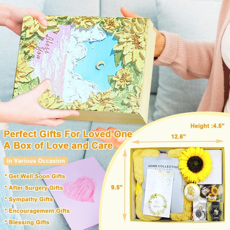 Get Well Soon Gift Basket for Women | 14-Piece Care Package with Sunflowers - Thoughtful Sympathy Gifts