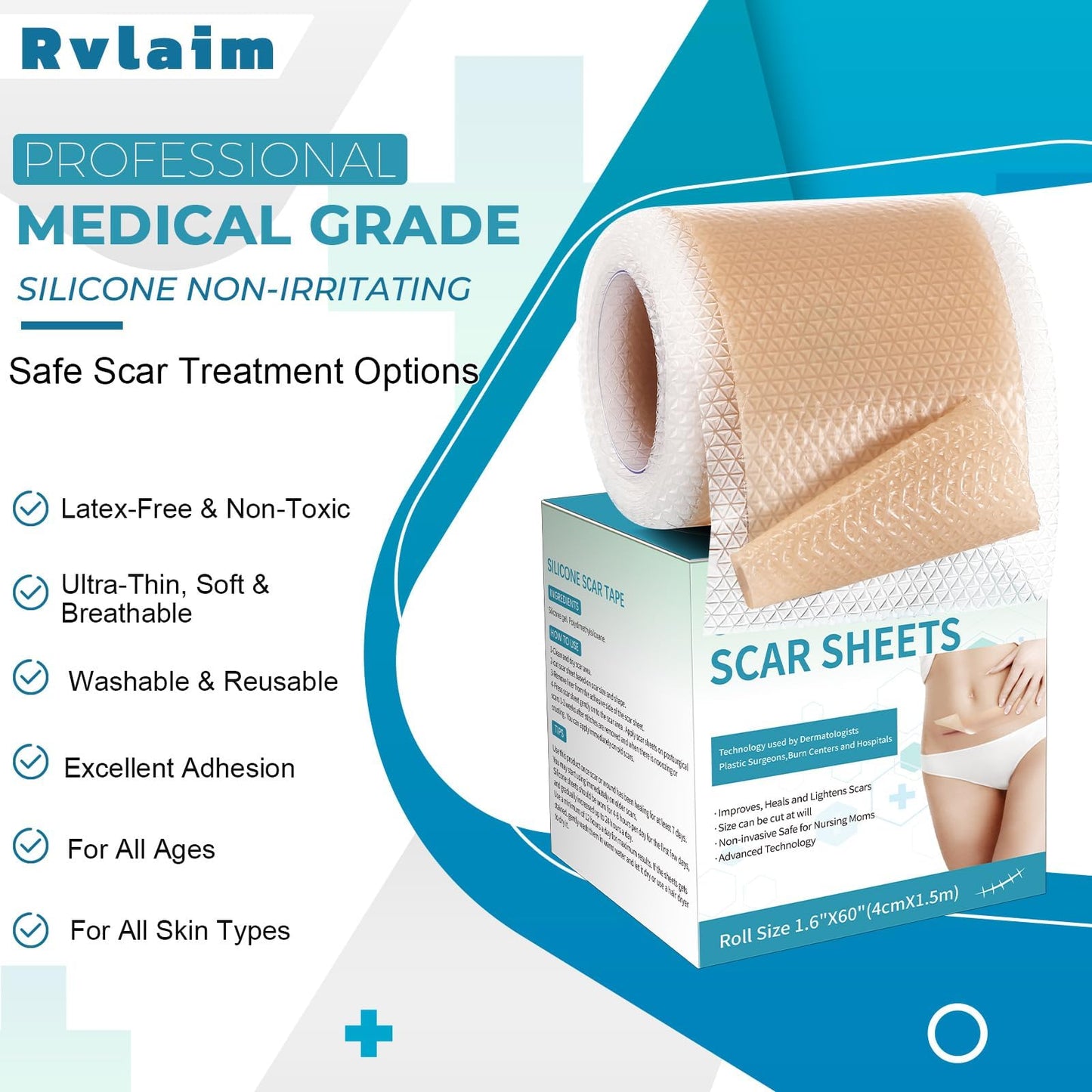 Rvlaim Medical Grade Silicone Scar Sheets (1.6”x 60” Roll-1.5M), Professional Silicone Scar Tape for Surgical C-Section, Keloid, Burn & Acne Scars - Reusable, Waterproof, Stickiness Upgrade