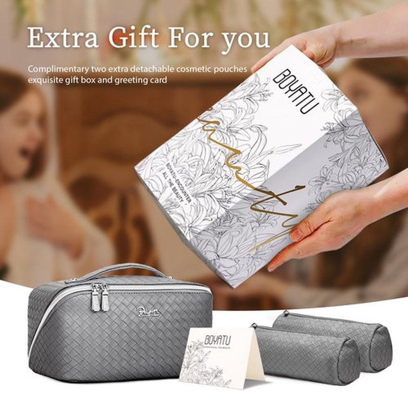 Travel Makeup Bags Cosmetic Organizer Bag: Large Capacity Make up Bag Set of 3 - Vegan Leather Toiletry Bag for Women - Portable Makeup Organizer with Compartments & Handle & Divider (01 Grey)