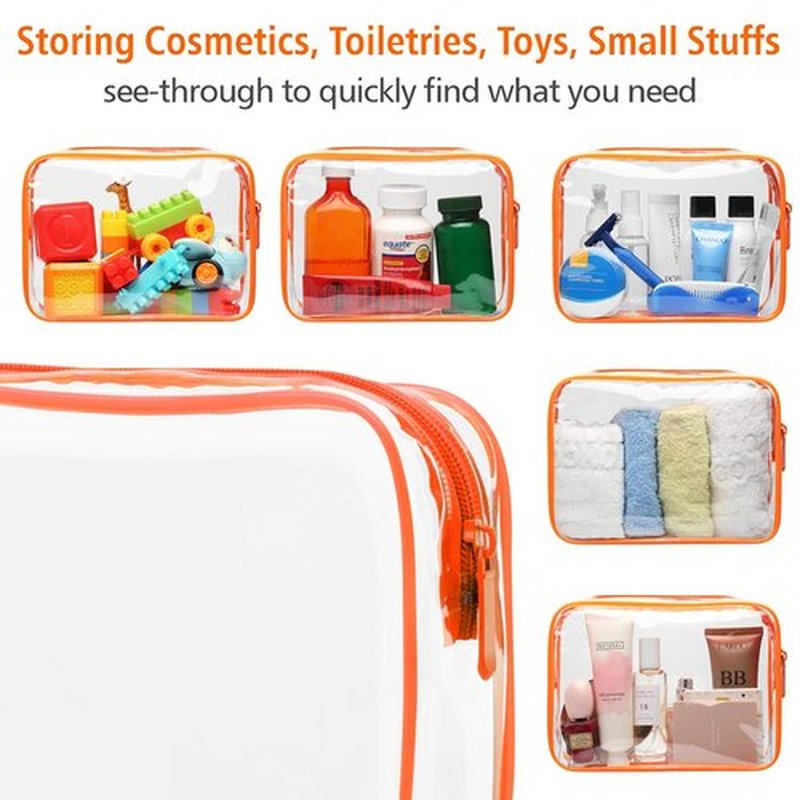 PACKISM Clear Makeup Bag with Zipper, 3 Pack Beauty Clear Cosmetic Bag TSA Approved Toiletry Bag, Travel Clear Toiletry Bag, Quart Size Bag Carry on Airport Airline Compliant Bag, Orange