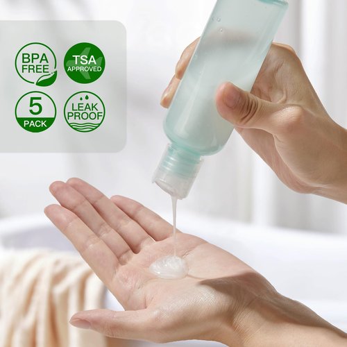 owlyee 3.4 oz Travel Bottles for Toiletries, Empty Travel Size Containers Tsa Approved, 5PCS Small Plastic Shampoo Bottles with Labels (100ml)