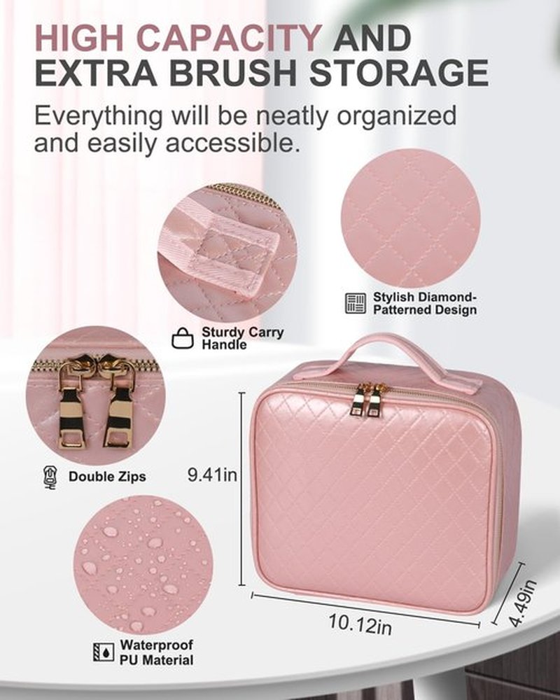 MAYFIY Makeup Bag with LED Mirror and Travel Makeup Train Case Cosmetic Organiser with 2X3X Magnifying Mirror and Separate Makeup Brush Panel, Portable Adjustable Divider Storage Bag, Pink