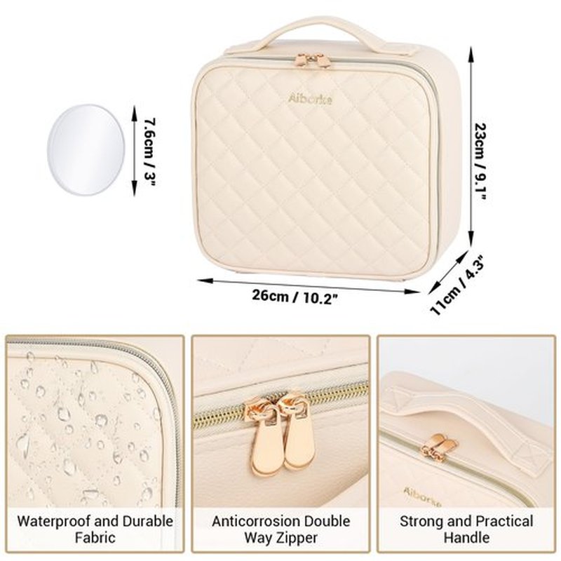 Aiborke Travel Makeup Bag with Led Mirror Make up Case with Lighted Mirror Cosmetic Organizer bag with Adjustable Dividers and 5X Magnifying Mirror Makeup Box Organizer Vanity Case for Women (Beige)