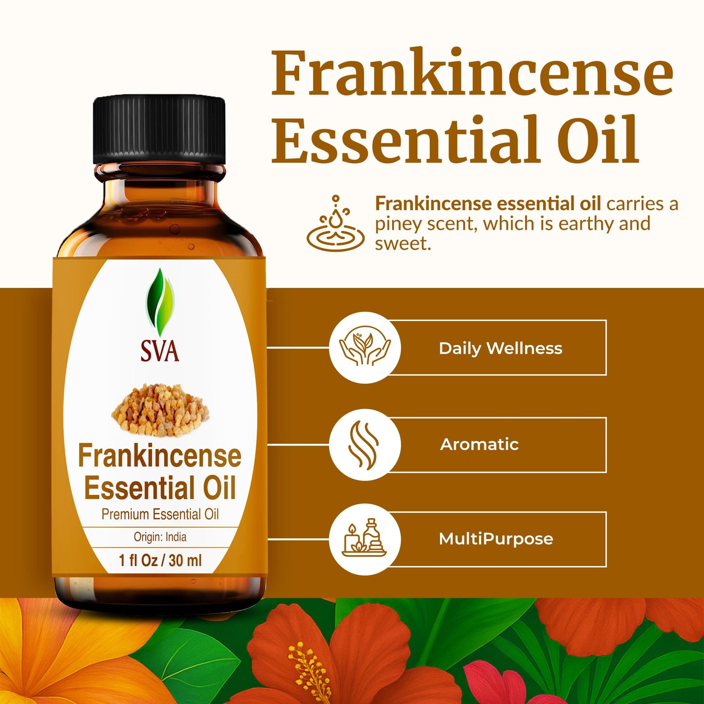 SVA Frankincense Essential Oil – 1 Fl Oz – for Diffuser, Skin & Hair Care – Ideal for Massage & DIY Blends – with Dropper