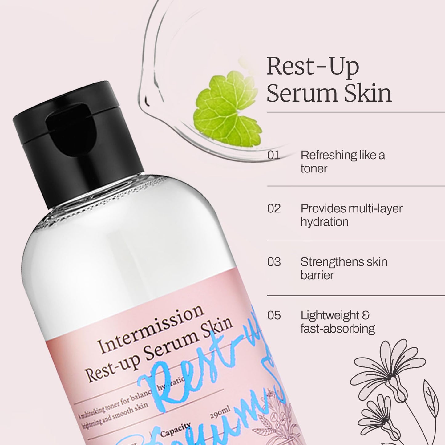 Intermission Rest-Up Serum Skin – Hydrating Toner + Serum All-in-One, CHEMOCICA™ 800,000 ppm, Cica Complex with Centella Asiatica, Hyaluronic Acid & Ceramide, Lightweight Facial Skincare (9.8 Ounce)