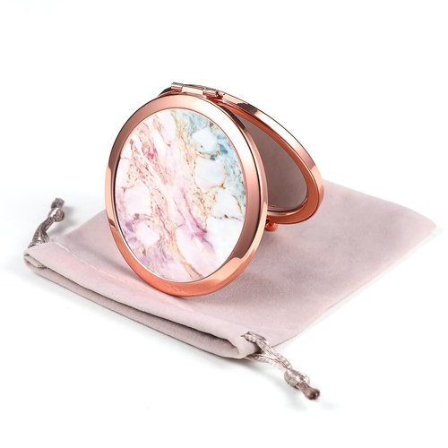 Dynippy Compact Mirror Rose Gold Makeup Mirror Folding Mini Pocket Mirror Portable Hand Mirror Double-Sided 2 x 1x Magnification for Woman Girls (A-Pink Marble)