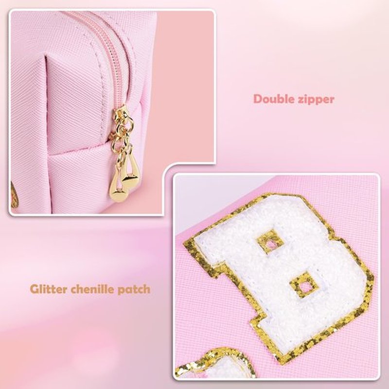 Elilier Teen Girl Gifts, Chenille Letter Pouch Cosmetic Bag, PU Leather Waterproof Toiletry Bag, Personalized Gifts For Bride Bridemaids, Cute Things for Girls (Medium)