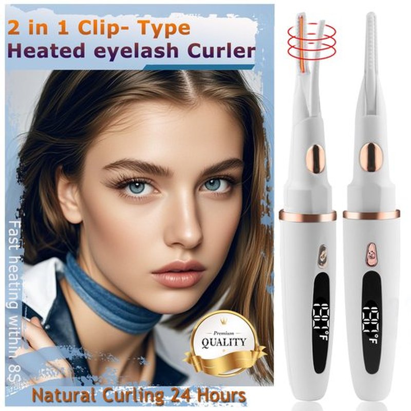 Heated Eyelash Curlers - 2 in 1 Clip- Type Heated lash Curler Best Seller Electric Eyelash Curler LED Display 3 Temp Settings for Makeup Tools USB Rechargeable Natural Curling 24H Long Lasting