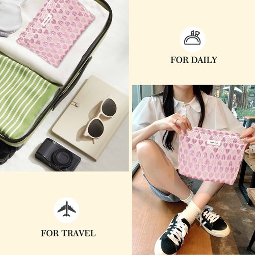 STARDW Cute Pink Makeup Bag Cosmetic Bags for Women and Girls,Travel Makeup Bag Large Capacity Canvas Makeup Bag,Makeup Organizer Bag Zipper Pouch (Pink Heart)