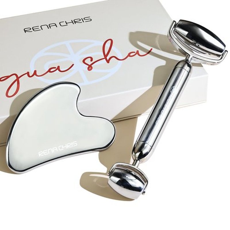 Rena Chris Face Roller & Gua Sha Set, Stainless Steel Massage Tools for Jawline Sculpting and Puffiness Reducing, Beauty & Skincare