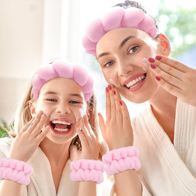 Zkptops Spa Headbands for Women Girls Sponge Cute Pink Makeup Skin Care Headband Wristbands Set for Washing Face Towels Bubble Soft Hairband Puffy Headwear Winter Non Slip Thick Thin Hair Accessory