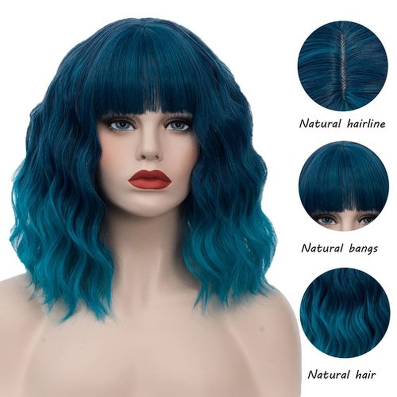 WGPFWIG Women's Blue Ombre Wig Short Curly Wavy Wig Shoulder Length Flat Bangs Wig For Women Girl Cosplay Party Halloween Wig Cap Included (Blue Ombre)