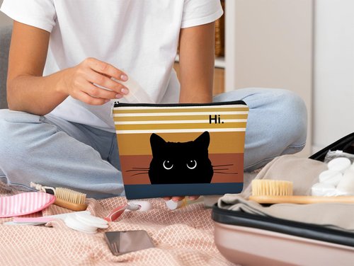 BARPERY Cat Makeup Bag, Cute Makeup Bag, Cat Gifts for Cat Lovers Women, Black Cat Gifts, Hi Black Cat Kitty Cosmetic Bag, Cat Makeup Pouch, Cat Stuff for Cat Lovers (Sunset color)