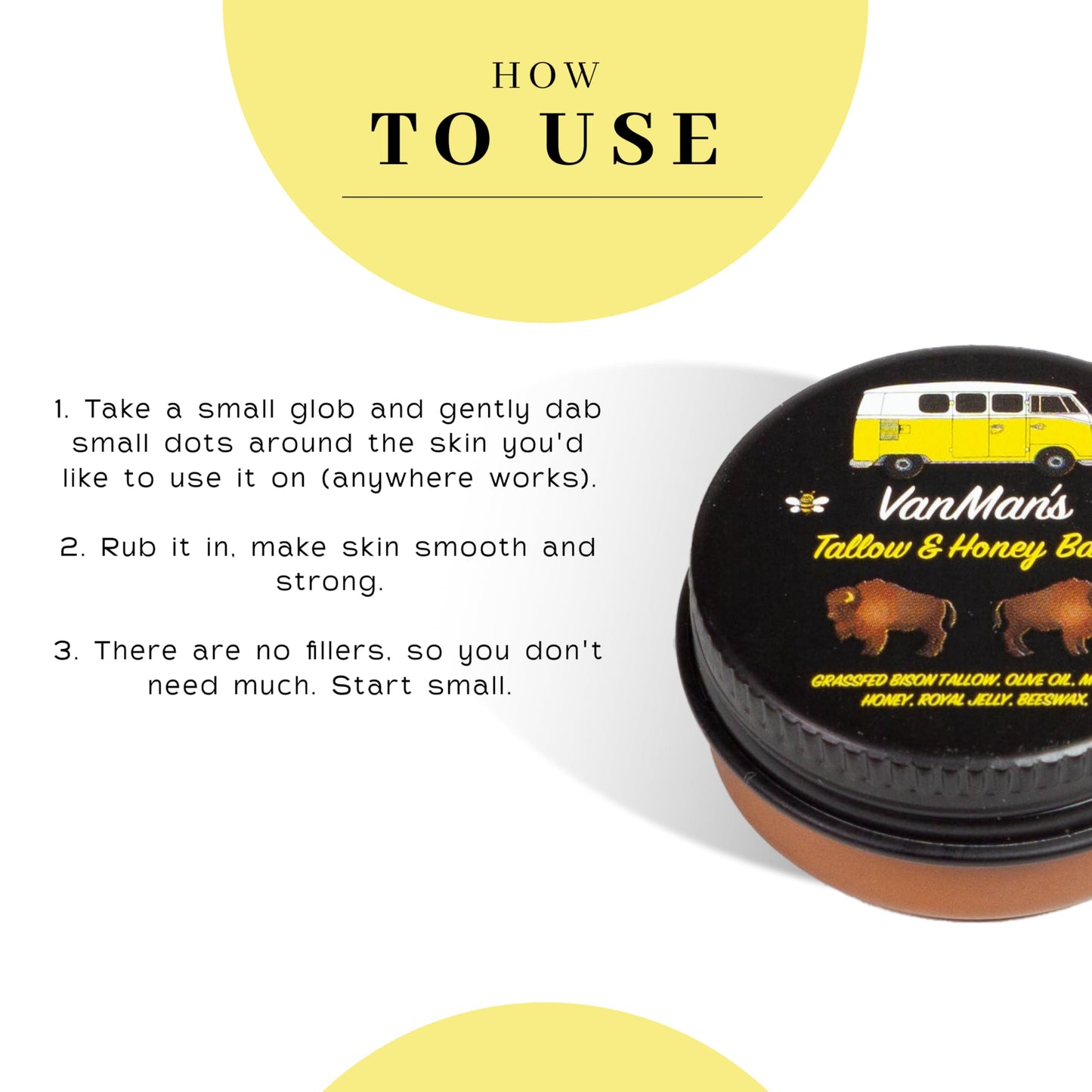 Vanman’s - Tiny Bison Tallow and Honey Balm - Unscented Grass-Fed/Finished Bison Tallow and Manuka Honey Cream with Royal Jelly - For Dry, Delicate Skin - 0.25 oz