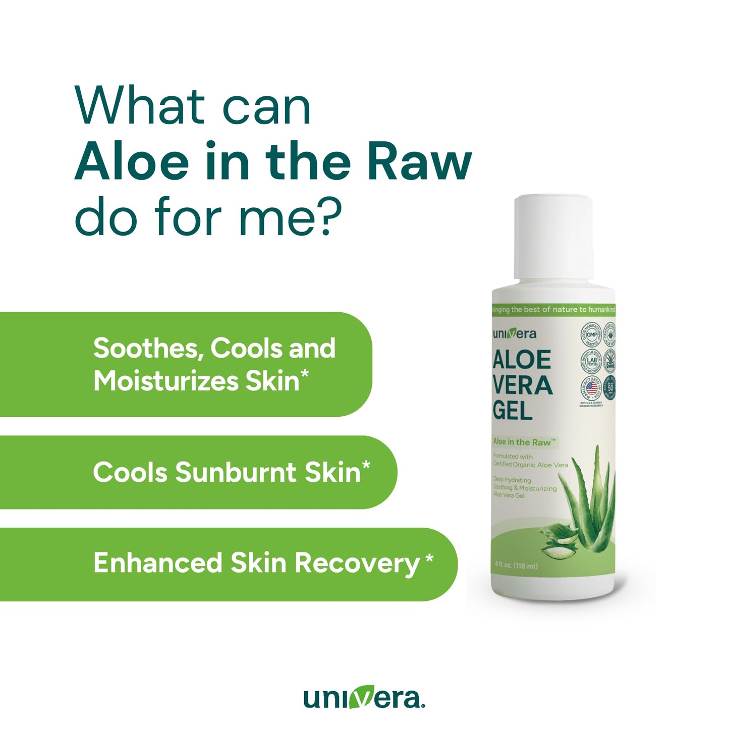 Univera Aloe in the Raw, Made with 100% Pure Organic Aloe Vera Gel, Suitable for All Skin Types, Sunburn Relief, No Sticky Residue, 4.0oz.