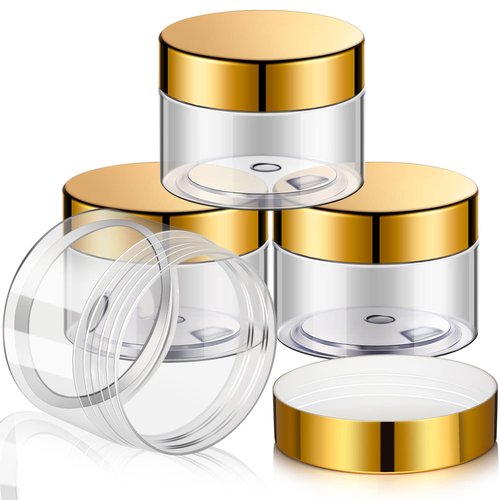 Patelai 4 Pieces Round Clear Wide-mouth Leak Proof Plastic Container Jars with Lids for Travel Storage Makeup Beauty Products Face Creams Oils Salves Ointments DIY Making or Others (Gold,1 Ounce)