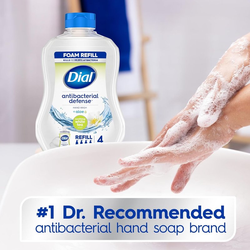 Dial Antibacterial Defense Foaming Hand Soap - Aloe & White Tea, 30 Fl Oz Refill Pack of 4, Dermatologist-Tested