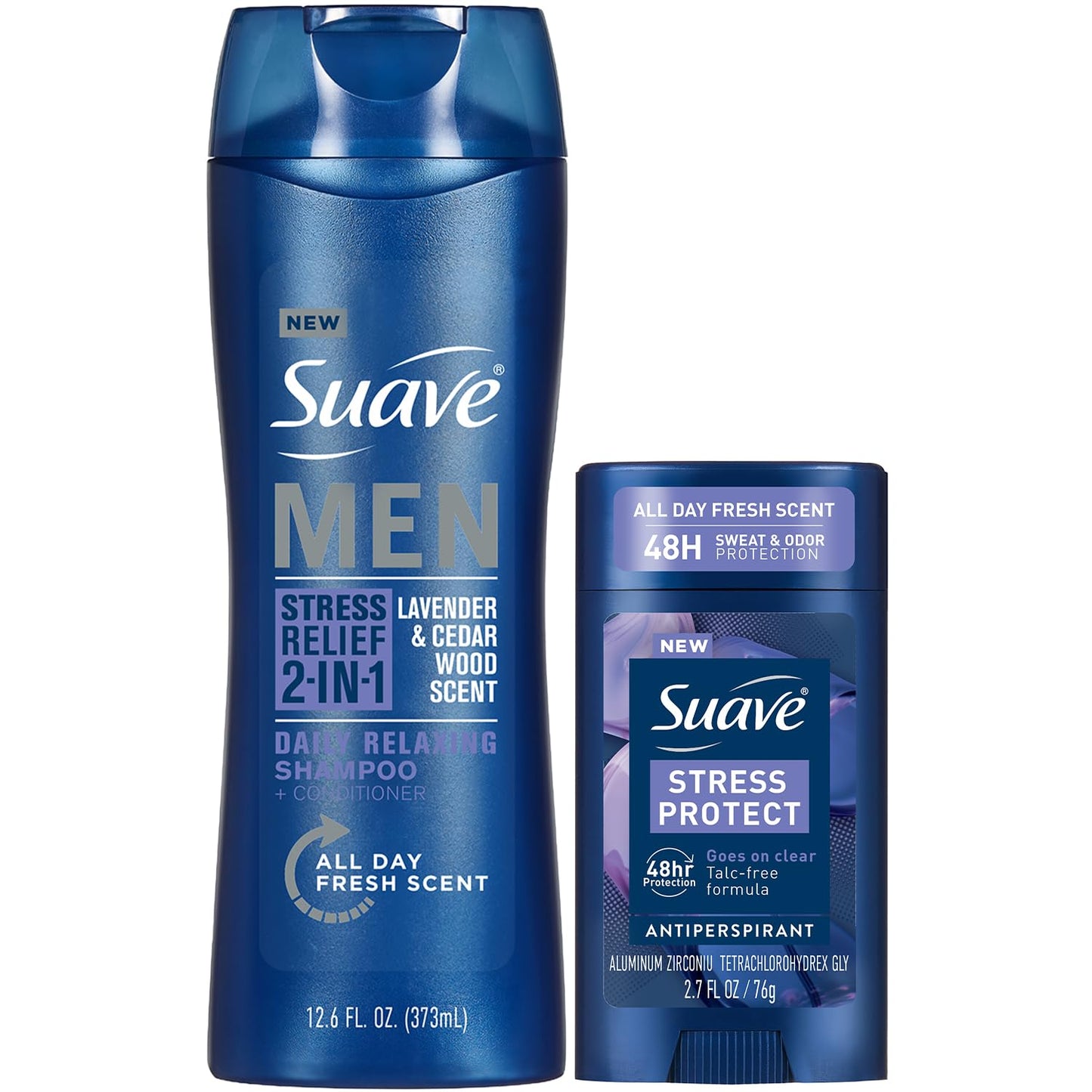 Suave Men’s 2-in-1 Shampoo and Conditioner, Stress Relief + Antiperspirant Deodorant for Men, Stress Protect, Lavender & Cedarwood, 48H Sweat & Odor Protection, 2.7 Oz Ea (2 Piece Set)