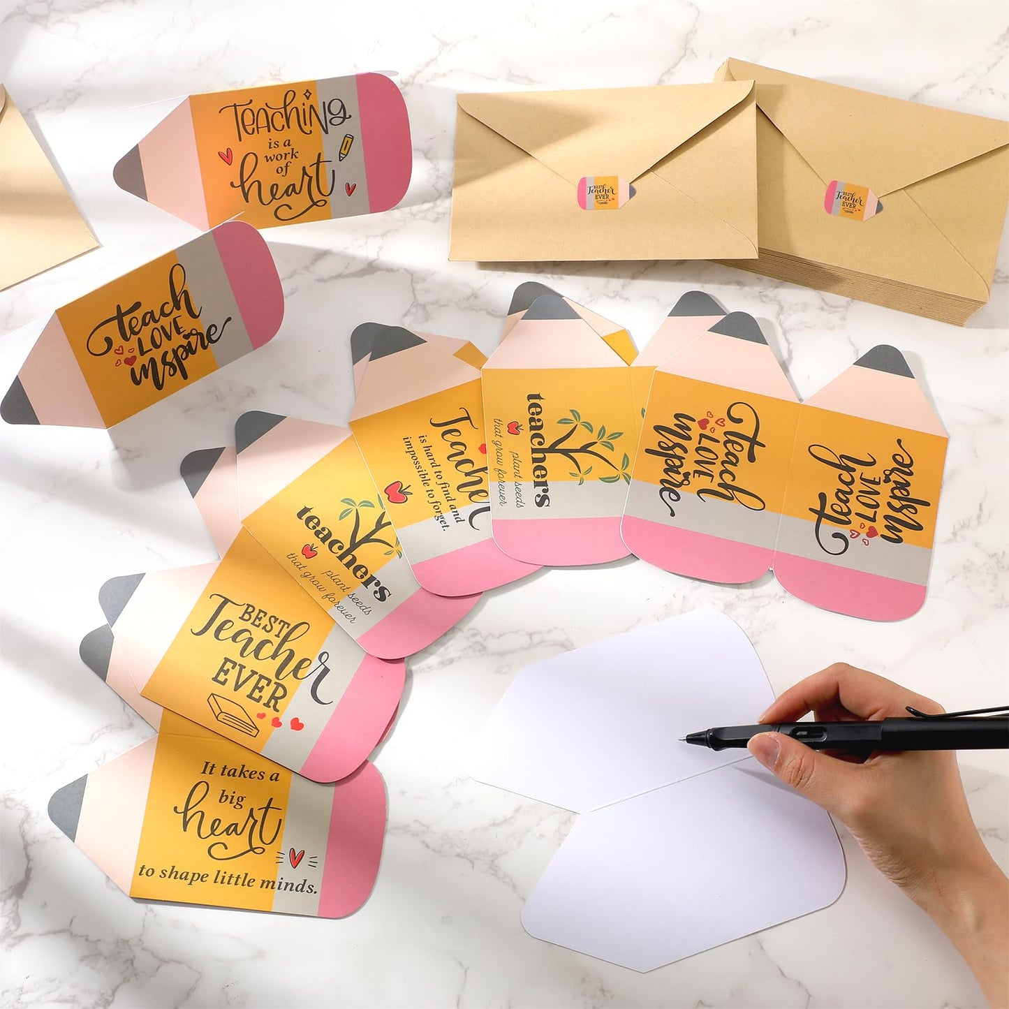 Spakon 24 Sets Teacher Appreciation Gifts Teacher Thank You Cards Bulk with Envelope and Sticker Pencil Shape Cards Inspirational Thank You Note End of School Year Gifts, 6 Styles
