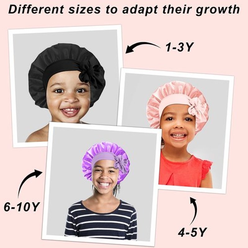 FIRSTPELLA 3 Pcs Baby Hair Bonnet for Sleeping - Kids Silk Satin Bonnets for Girls Curly Hair,Satin Sleep Bonnet for Teens Toddler Child(Pink+Black+Purple)