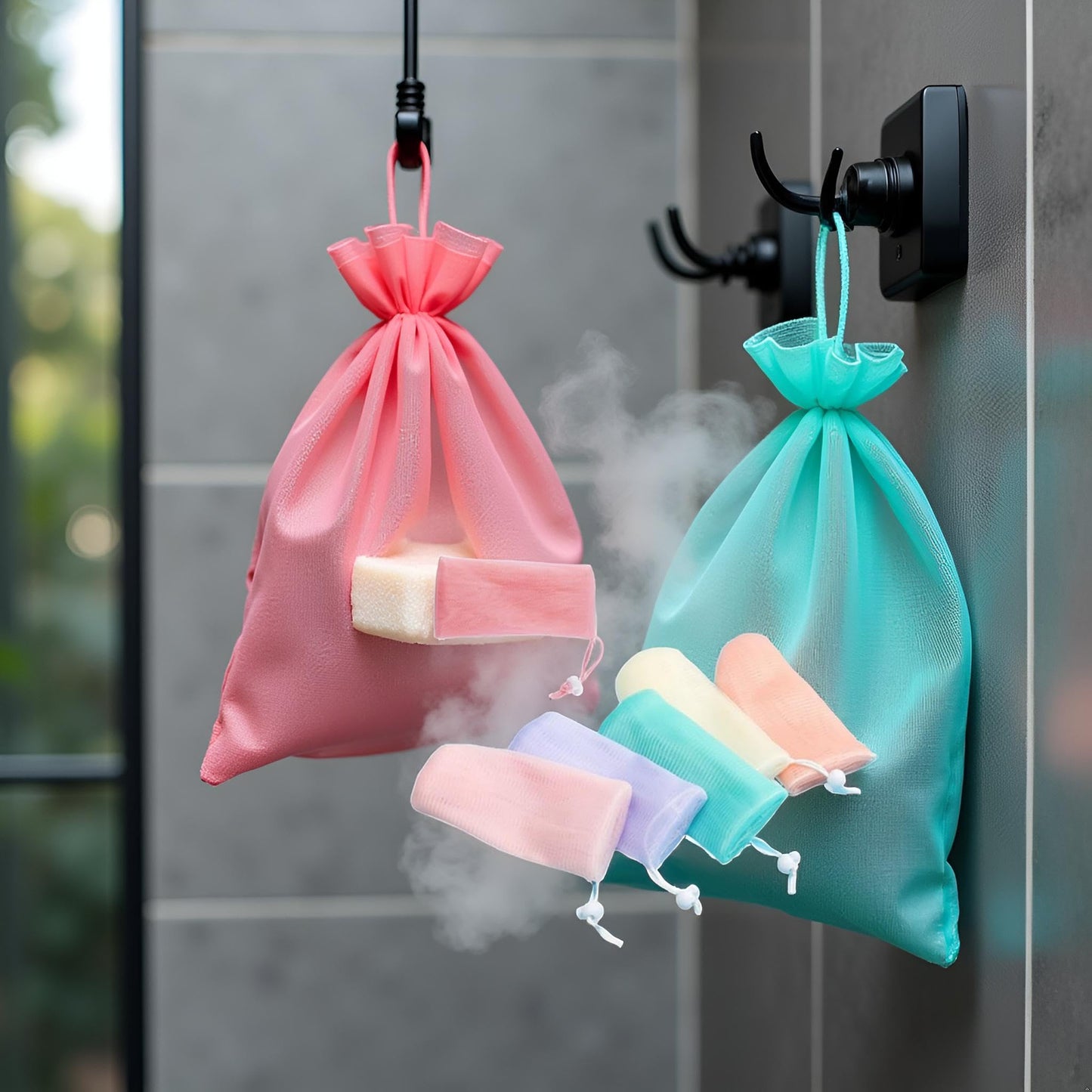 Tnyvm 6Pcs Random Color Exfoliating Mesh Soap Pouch Bubble Foam Net Bag for Body Facial Cleaning Tool, for Shower Saver Pouch Drawstring Foaming Net Soap Bag Used Repeatedly Easy to Store Cleansers