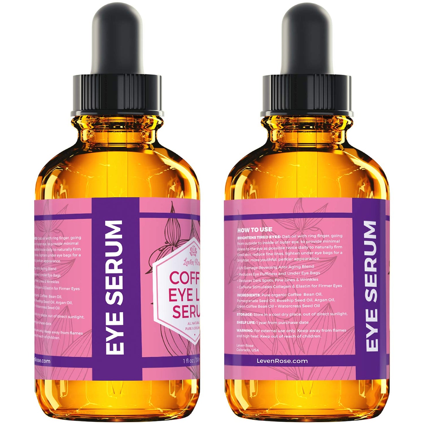Leven Rose Coffee Oil Caffeine Serum for Eyes 1 oz - Anti-aging Organic Under Eye Serum for Puffy Bags Under Eyes