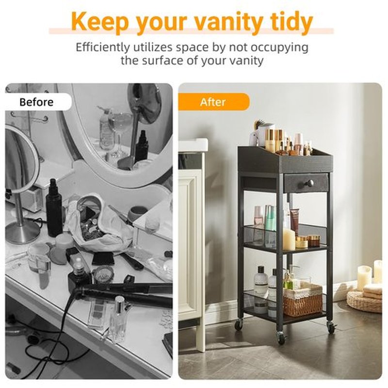 HUSHEDIFY Makeup Organizer Cart,3 Tier Floor Make up Storage Stand with Drawer, Free Standing Skincare Cosmetic Display Holder with Wheels for Vanity Bedroom Dresser Bathroom(Black)