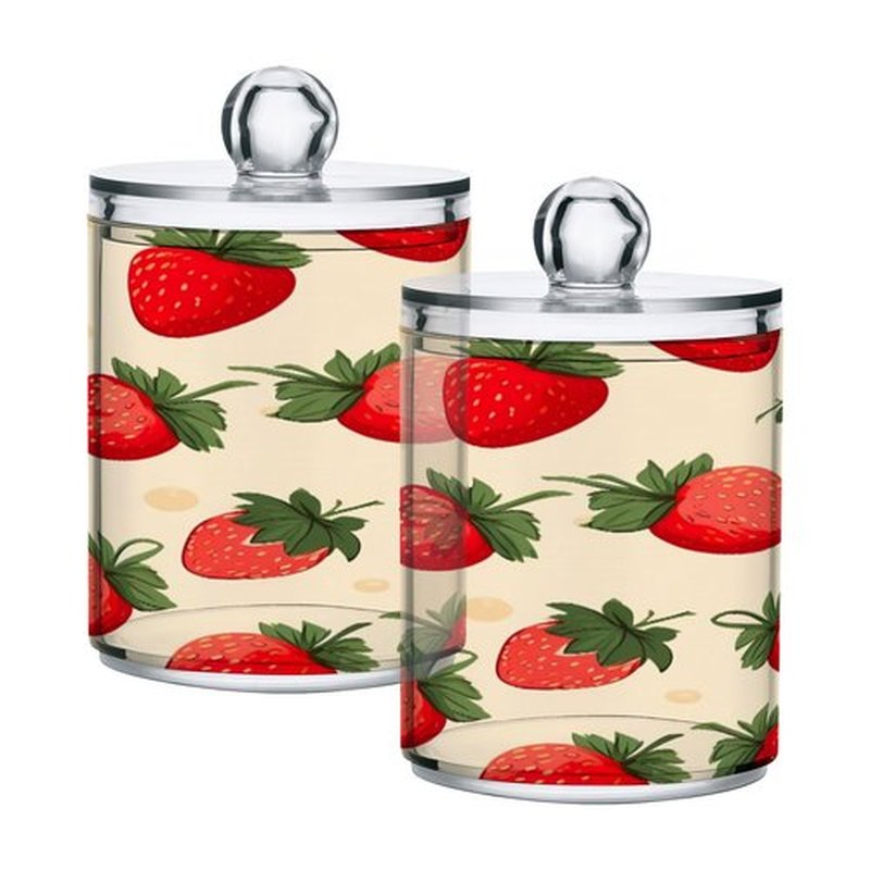 Blueangle 2 Pack Strawberry Pattern Qtip Holder Dispenser for Cotton Ball, Cotton Swab - Plastic Apothecary Jar Set for Bathroom Canister Storage Organization（896）