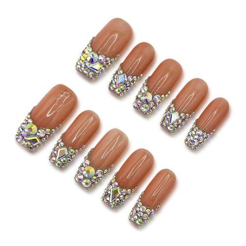 Yabonica Handmade Press On Nails French Tip-Glitter Press On Nail Medium Coffin False Nail-Glue On Nail 3D Charm Design-Stick On Nail for Woman-10 pcs Acrylic Fake Nail Art-Diamond French Tip(012, S)