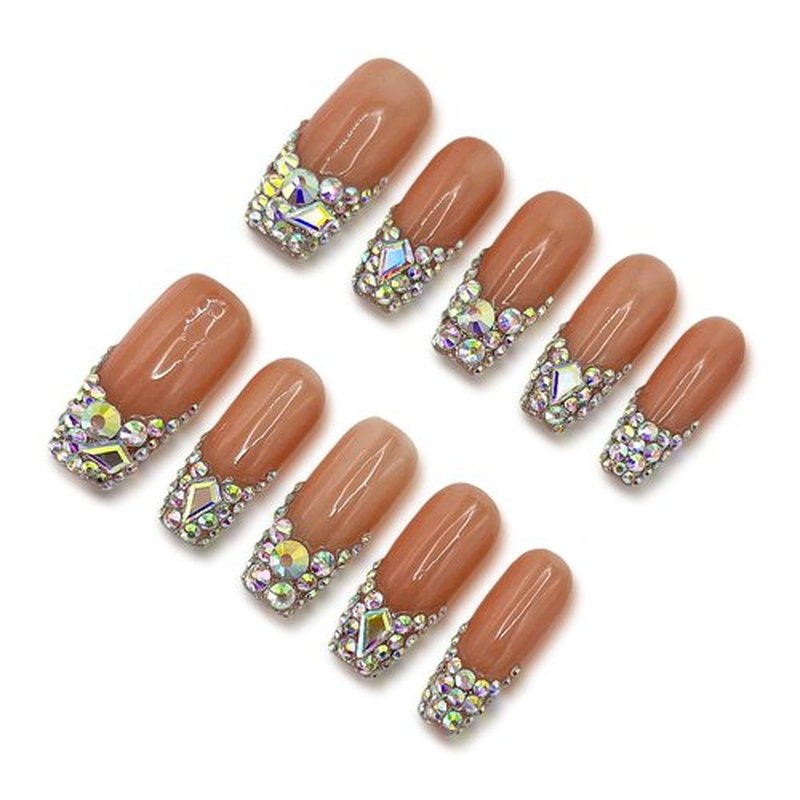 Yabonica Handmade Press On Nails French Tip-Glitter Press On Nail Medium Coffin False Nail-Glue On Nail 3D Charm Design-Stick On Nail for Woman-10 pcs Acrylic Fake Nail Art-Diamond French Nail(012,L)
