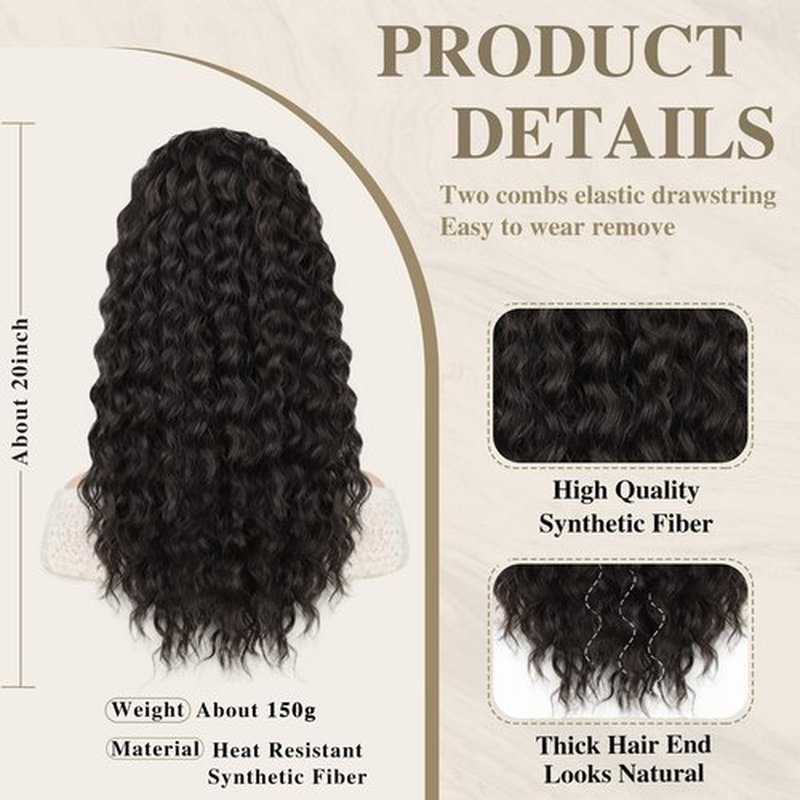 AISI BEAUTY Curly Ponytail Extension, Brown Black Drawstring Ponytail Extension for Black Women Synthetic Curly Wavy 20 Inch Fake Clip in Ponytail Hair Extensions for Daily Use