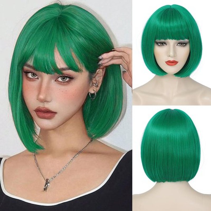 YBYMCAI Green Bob Wig With Bangs Short Dark Green Bob Wigs For Women Straight Bob Bangs Wig 10 Inch Heat Resistant Synthetic Hair Natural Looking For Daily Party Use
