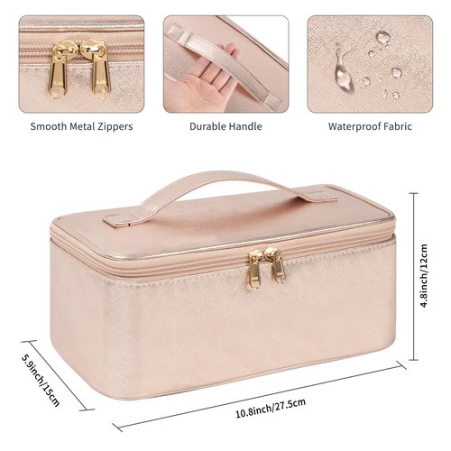 OCHEAL Makeup Bag,Vegan Leather Makeup Organizer Bag,Travel Essentials Cosmetic Bag Make Up Bag Small Makeup Case Toiletry Bag for Women,Compact Capacity for Daily Use, Double Zippers -Rose Gold